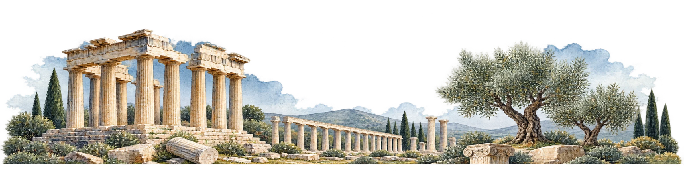Ruins of a Greek sanctuary on a hill, with fallen columns, olive trees and cypresses, in watercolor