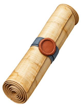 Papyrus scroll tied with a ribbon and sealed with wax, in watercolor