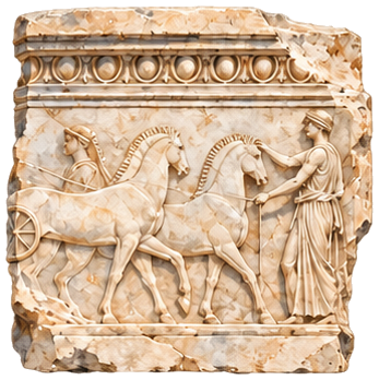 Relieve de mármol con una cuadriga y caballos al galope, en acuarela