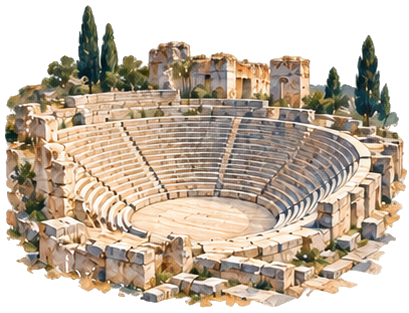 Teatro griego en ruinas visto desde arriba, rodeado de cipreses, en acuarela